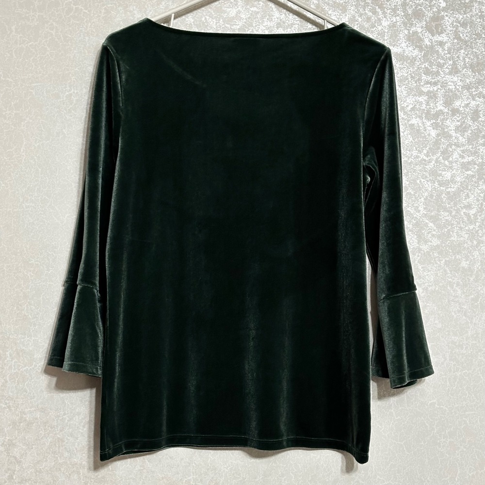 Talbots Forest Green Velour Velvet 3/4 Bell Sleeve Rhinestone Button Top Sz S‎ - Picture 2 of 6